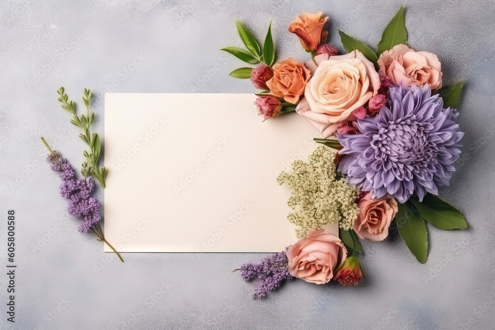 mockup white paper with flower flower arrangement over a grey layflat