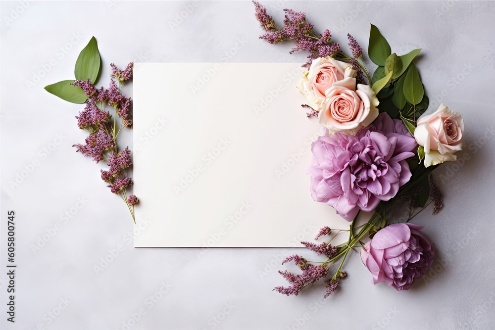 mockup white paper with flower flower arrangement over a layflat