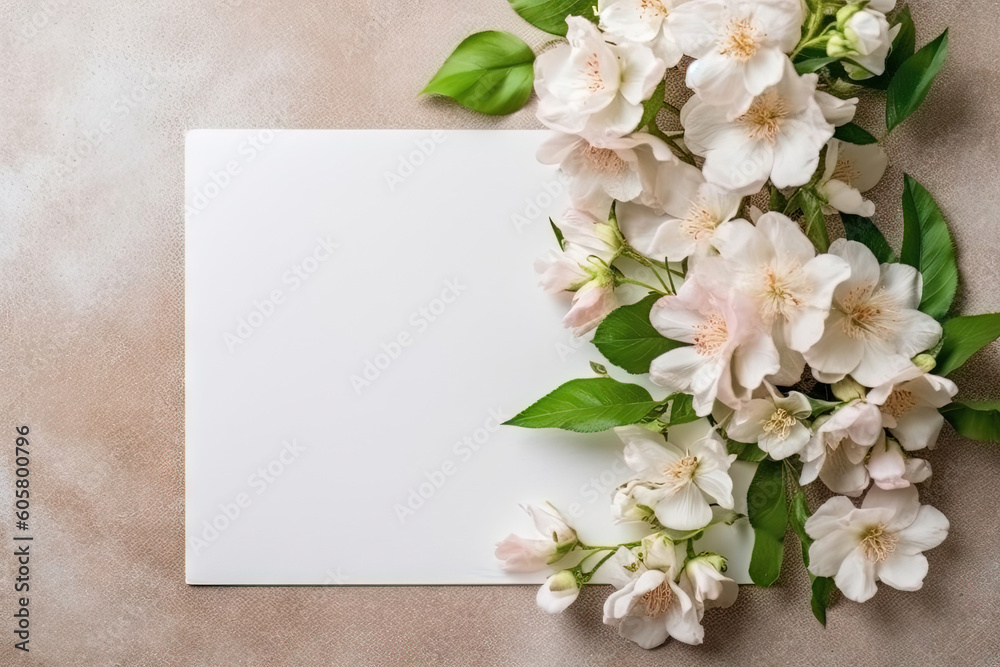 mockup white paper with flower flower arrangement over a texturated layflat mockup white paper with flower flower arrangement over a texturated layflat