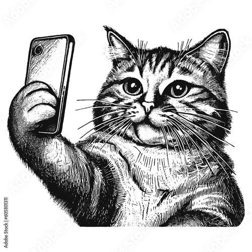 funny cat taking selfie vector sketch