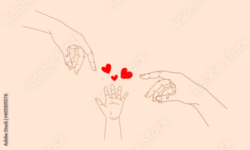 Women's, men's and children's hands reaching out to each other, sending love and hearts. Concept of  loving and caring family of mum, dad and baby. Vector illustration in linear, minimalist style. 