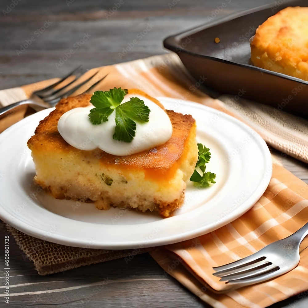 A colorful plate featuring a cheesy cauliflower casserole A colorful plate featuring a cheesy cauliflower casserole
