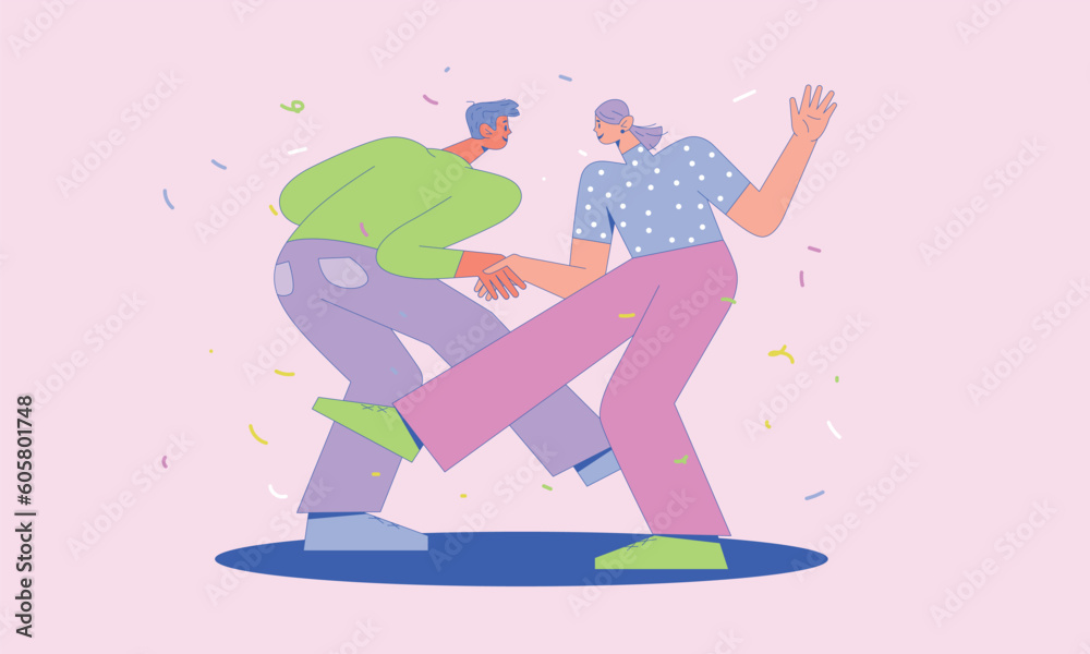 Obraz premium A Woman and a Man Dance together. Characters at a Holiday or Dance festival. Confetti on the background. Dancers Celebrate and have Fun in the Club. Vector Flat Illustration.