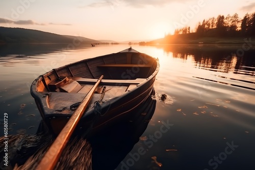 "Sunset on the Lake with a Wooden Boat"