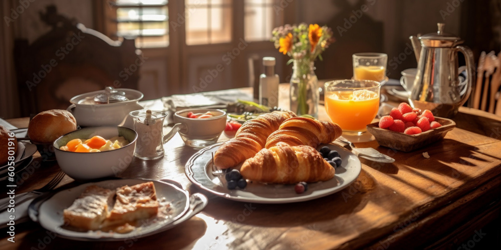 Traditional french breakfast with croissants, jam, butter, yogurt, fruits juice and coffee. Morning warm light background. AI Generative