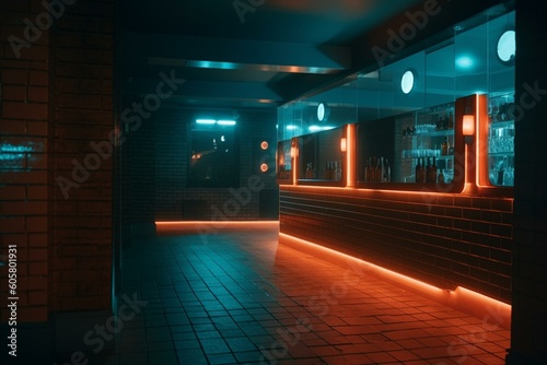 A retro brick-walled club with haze-filled hallways  spotlit dancefloor  and glowing blue-orange lights. Generative AI