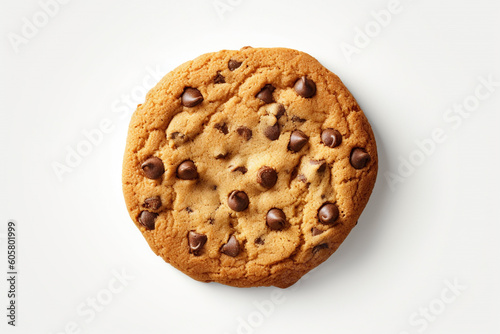 A chocolate chip cookie is on a white background.