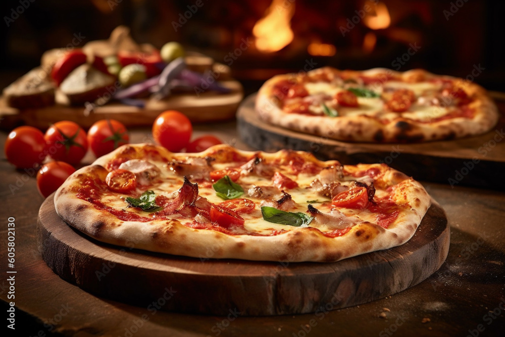 Making really Italian Pizza in the Traditional Firewood Stone Wood Fired Pizza Oven. AI Generative Making really Italian Pizza in the Traditional Firewood Stone Wood Fired Pizza Oven. AI Generative