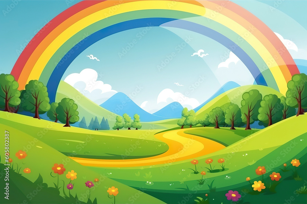 Cute colorful rainbow with a cloud cartoon illustration. Generated AI