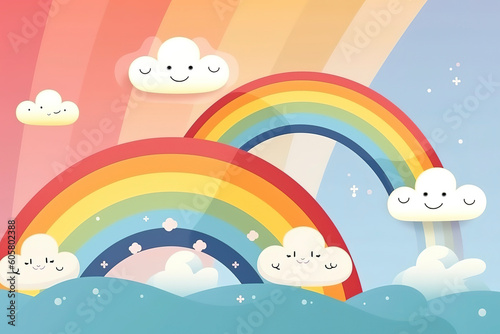 Cute colorful rainbow with a cloud cartoon illustration. Generated AI © Fernando