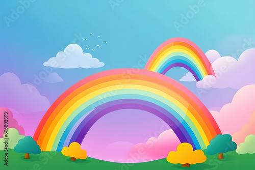 Cute colorful rainbow with a cloud cartoon illustration. Generated AI