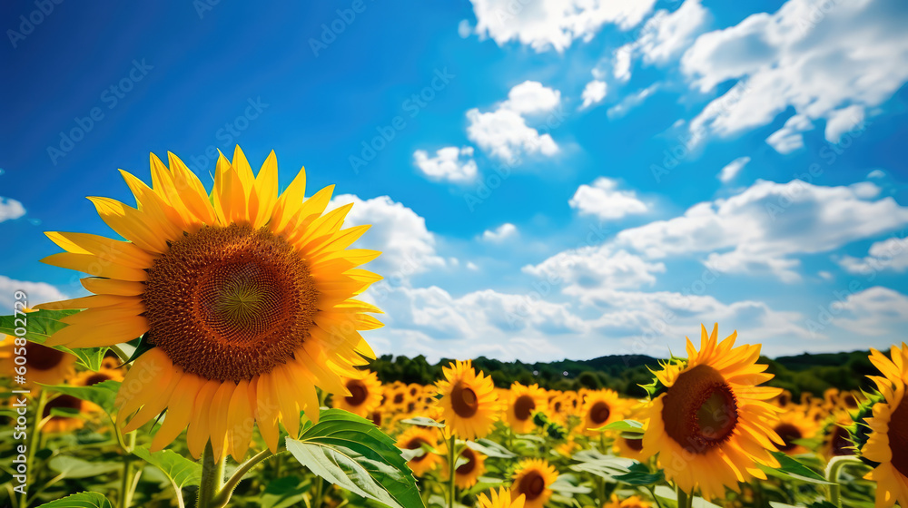 Fototapeta premium Field of sunflowers with a blue sky. Beautiful summer landscape. Generative AI