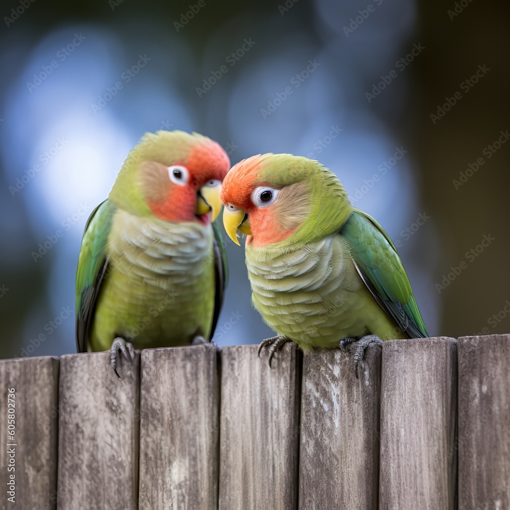 Obraz premium Affectionate Fischer's Lovebird Couple Sharing a Tender Moment