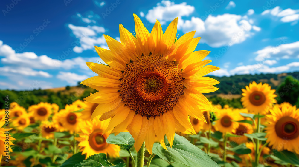 Field of sunflowers with a blue sky. Beautiful summer landscape. Generative AI