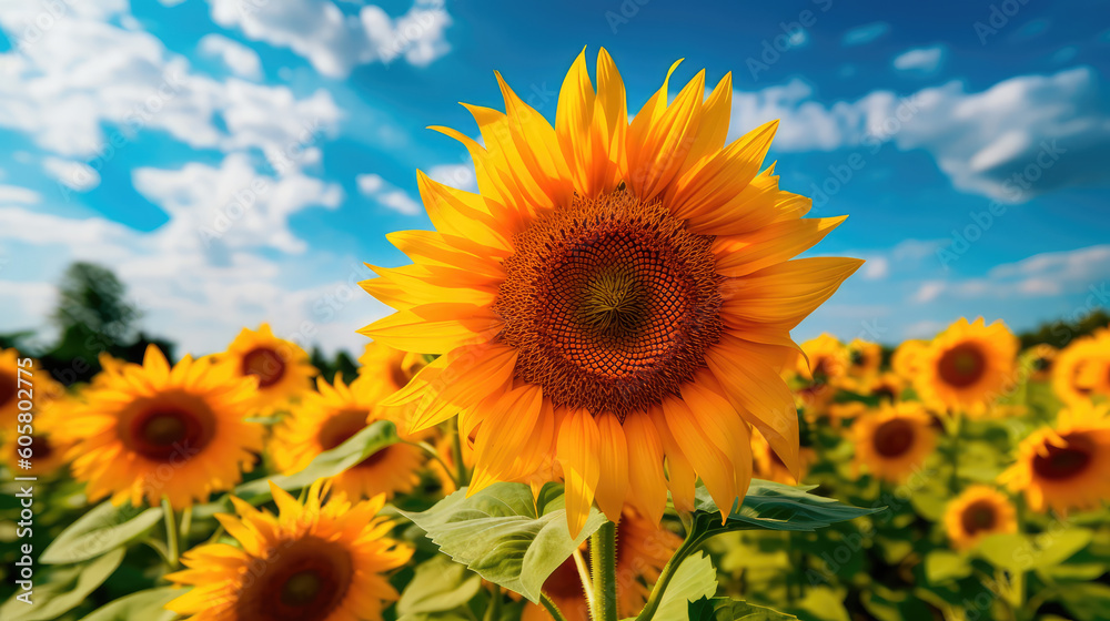 Field of sunflowers with a blue sky. Beautiful summer landscape. Generative AI