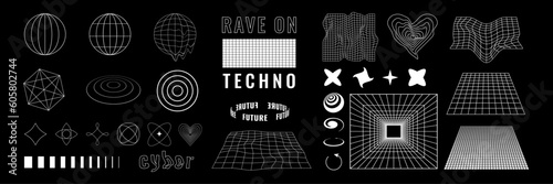 Vector illustration of rave and futuristic set. Geometric shapes, abstract forms. Future and rave on text. Isolated black background