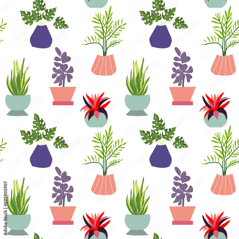 Seamless pattern with plants and pots. Design for print, poster, banner, design for fabric and textile