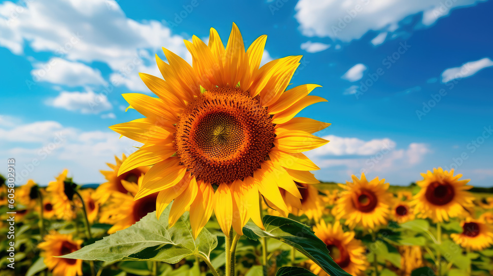 Field of sunflowers with a blue sky. Beautiful summer landscape. Generative AI