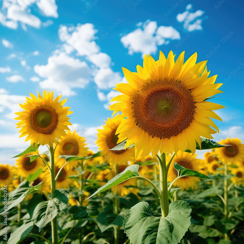 Field of sunflowers with a blue sky. Beautiful summer landscape. Generative AI Field of sunflowers with a blue sky. Beautiful summer landscape. Generative AI