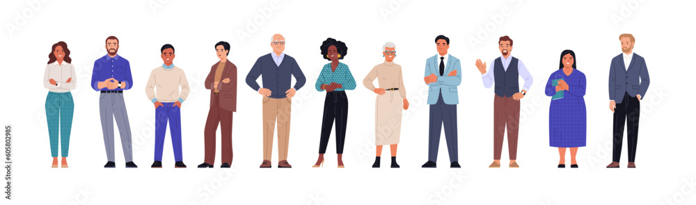 Multinational business team. Vector illustration of diverse cartoon men and women of various ethnicities, ages, and body types in office outfits. Isolated on white.