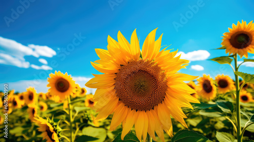 Field of sunflowers with a blue sky. Beautiful summer landscape. Generative AI