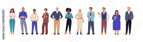 Multinational business team. Vector illustration of diverse cartoon men and women of various ethnicities, ages, and body types in office outfits. Isolated on white. © nadzeya26