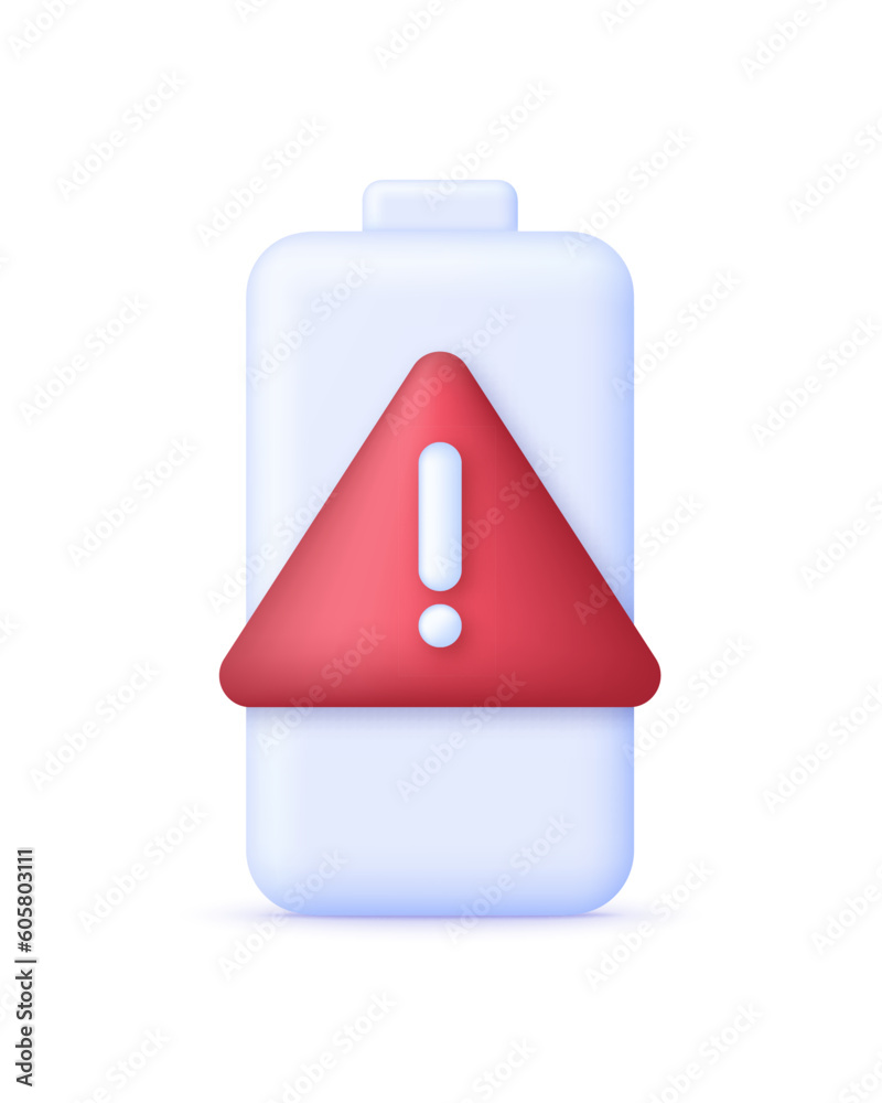 3D Battery and exclamation mark. low battery warning. 3D Battery and exclamation mark. low battery warning.