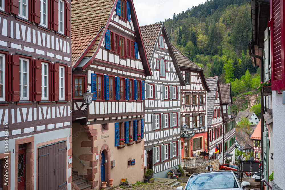 Schiltach Germany May 2023 Street With Traditional Half Timbered schiltach-germany-may-2023-street-with-traditional-half-timbered