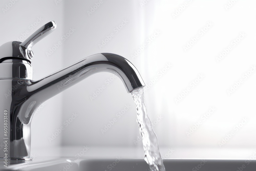 Water pouring from the tap into the sink, the concept of saving water. High key, minimalism Water pouring from the tap into the sink, the concept of saving water. High key, minimalism