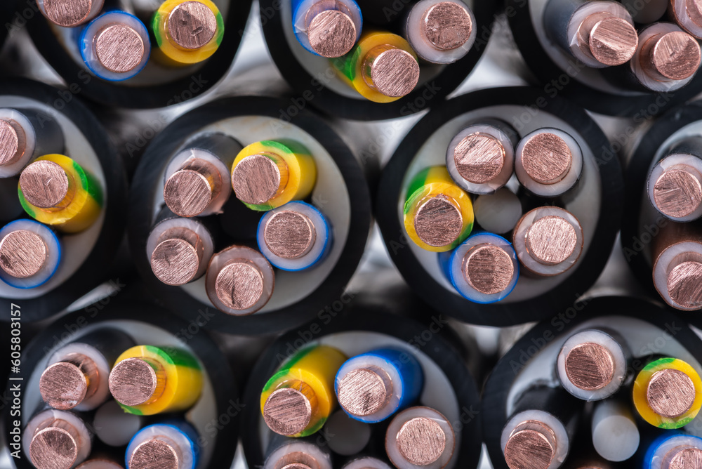 Cross-sectional copper electrical cables, close-up Cross-sectional copper electrical cables, close-up