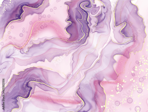 Abstract pink liquid watercolor background with gold dots and lines. Marble alcohol ink drawing effect, golden splash elements. Vector wallpaper
