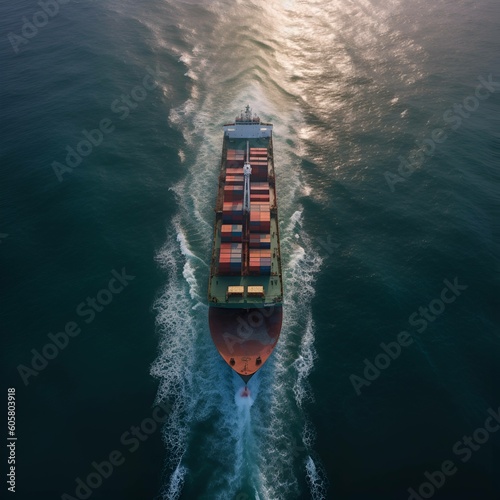 Aerial drone ultra wide photo with copy space of colourful truck size container tanker ship cruising deep blue sea near commercial port of Piraeus, Attica, Greece ,Generative AI