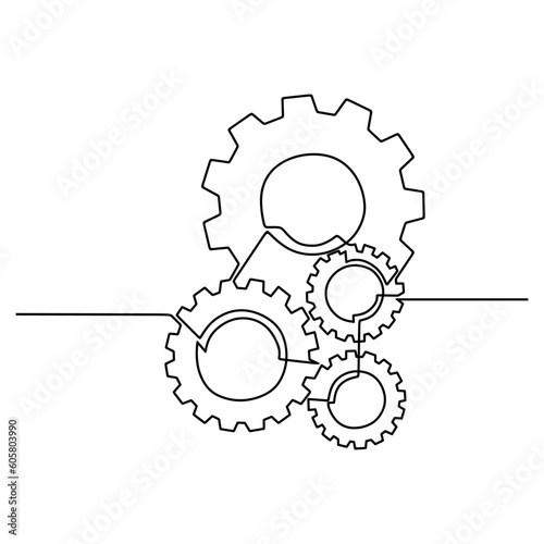 Continuous line drawing of gears wheel