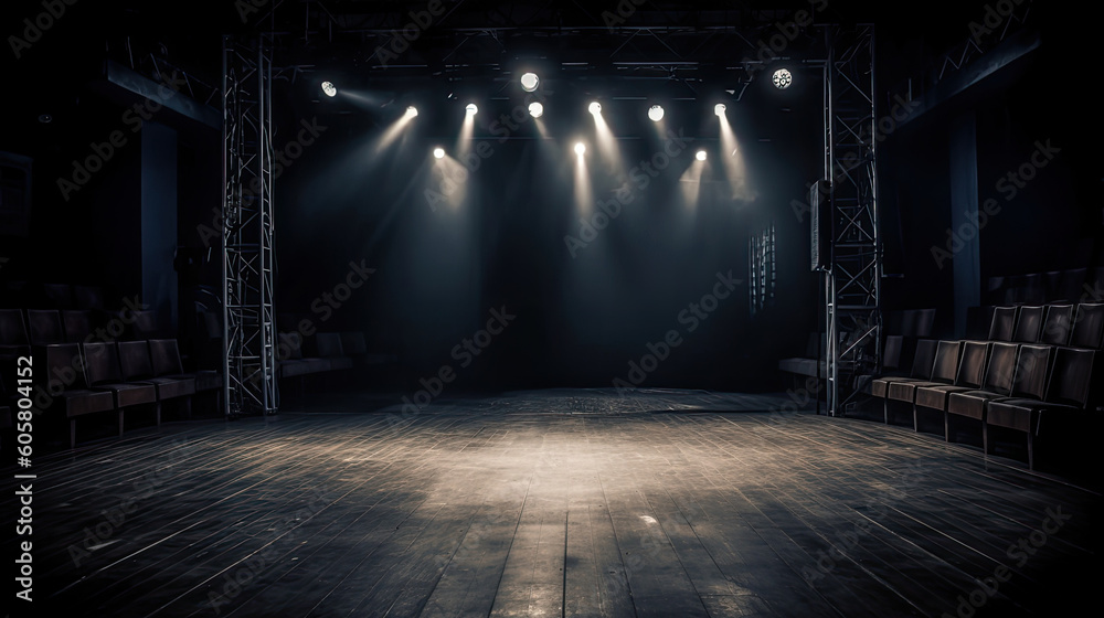 Empty theater stage with spotlights and smoke.