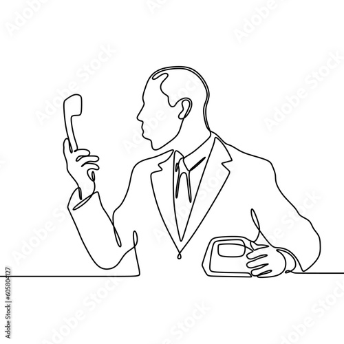 Continuous line drawing of upset worried confused man talking on a phone