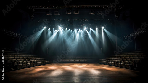 Empty stage with spotlights, smoke and lighting effect. Stage lights background. © Barosanu