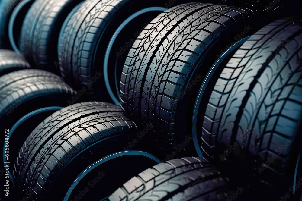New tires pile on a dark background. Tyre fitting background. Stock of car tires. Generative AI New tires pile on a dark background. Tyre fitting background. Stock of car tires. Generative AI