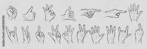 Vector hand gesture set. Pencil drawn signs sketch illustration isolated on background.