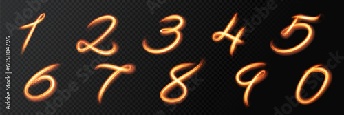 Glowing light numbers. Lighting painting effect trails, golden glitter glow waves and sparkling flare tails. Abstract vector fire light with flash sparkles effect on transparent background