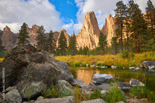 Natural rock formation view with the river during sunset in Smith Rock State Park in eastern Oregon.