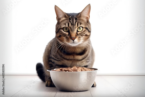 a gray tabby cat sits next to an iron bowl with dry food on a white background. AI generated. The concept of animal feed and pet stores. Generative AI