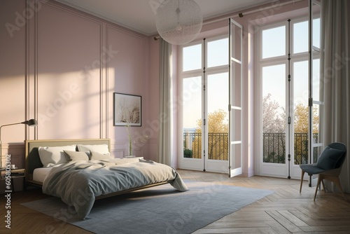 Illustration of contemporary bedroom with large French windows, created using digital tools. Generative AI photo