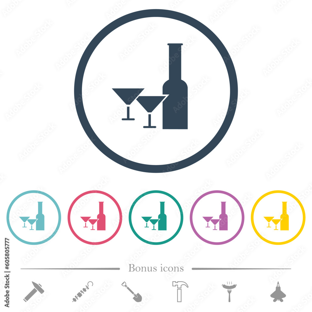 Glass and cocktail glasses solid flat color icons in round outlines Glass and cocktail glasses solid flat color icons in round outlines