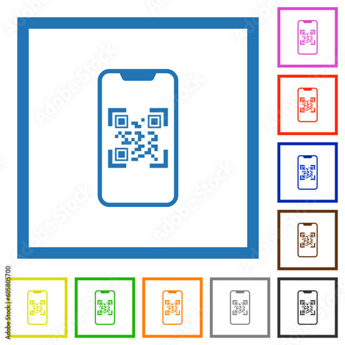 QR code scanning on modern smartphone flat framed icons
