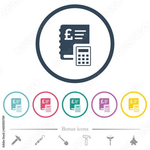 English Pound ledger flat color icons in round outlines