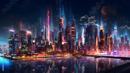 Futuristic cityscape at night  illuminated by neon lights and filled with skyscrapers and advanced technology.