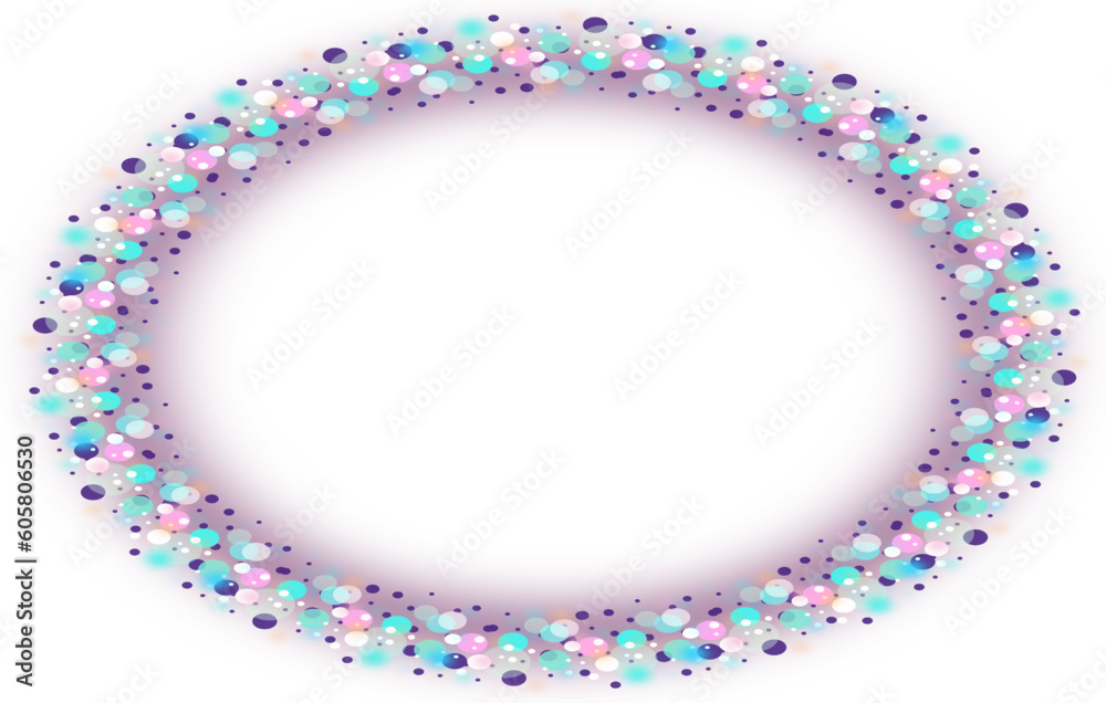 Stylish multi-colored elliptical frame. Blurred circles of pastel colors arranged in an ellipse with a pastel pink background in the middle, with empty space for marketing or other message	