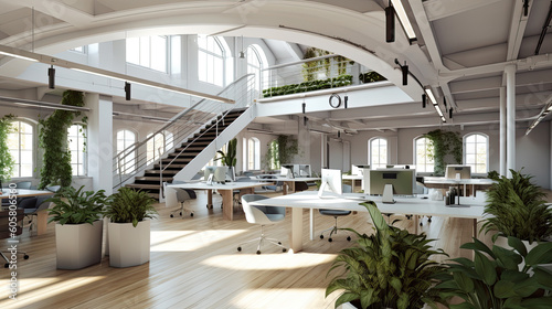 modern cozy loft office interior. Coworking Generative AI © PaulShlykov