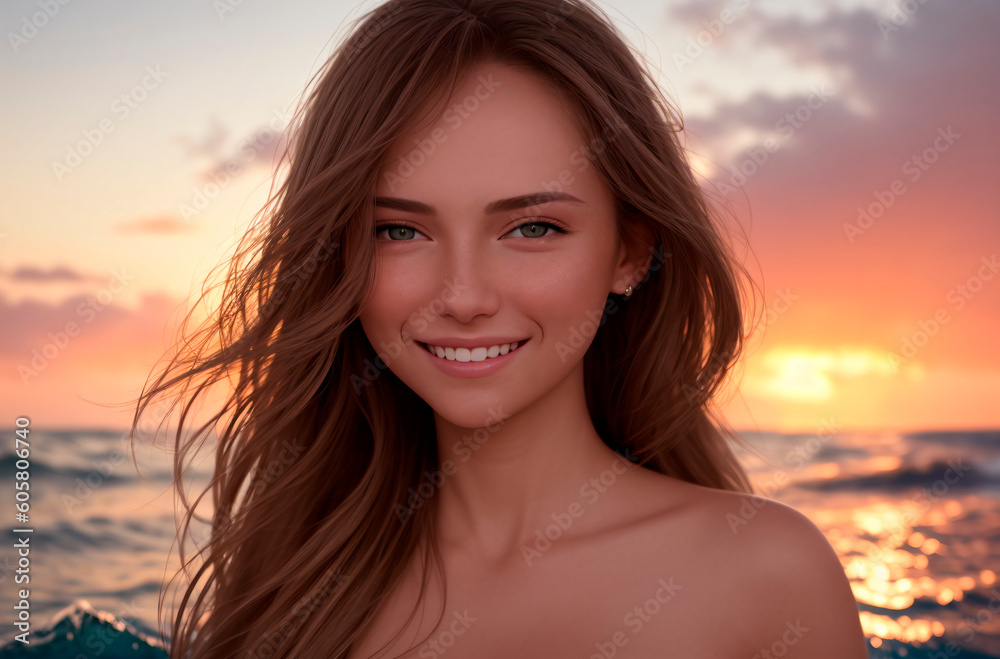 Naked woman on background of seascape. Portrait of young female smiling on background of ocean, sea at sunset. Generative AI