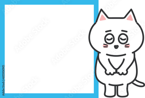 White cartoon cat apologizing to somebody with a blank sign, vector illustration.
